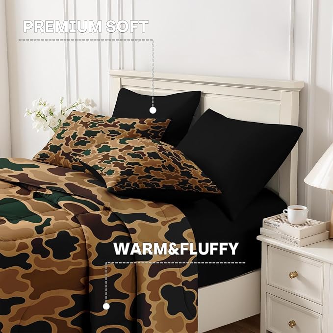 7Pcs Comforter Set Full Size, Brown Camouflage Camo Hunting Hunter, Bedding Decor Wood Green Desert Army Military Bedroom Bed Set Flat Sheet Fitted Sheet Pillowcases Shams for Kids Adults