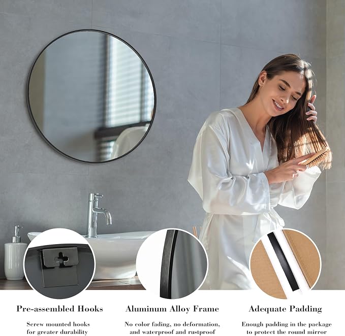 NEWBULIG Round Bathroom Mirror for Over Sink, 24 Inch Wall Mount Vanity Circle Mirror with Matte Metal Framed, Decor for Bathroom, Entryway, Bedroom, Black