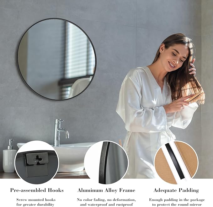 Sweetcrispy 24 Inch Round Wall Mirror with Tempered Glass, Bathroom Mirror Over Sink, Anti-Fog & Waterproof Round Mirrors for Bathroom, Entryway, Bedroom, Shatterproof Design, Black