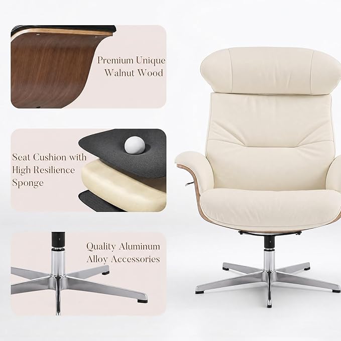 Mid Century Modern Chaise Lounge Chair with Ottoman,Swivel Accent Chair Top Black Full Grain Leather,Walnut Wood,Adjustable Backrest Headrest,Heavy Duty Metal Base for Office,Living Room,Beige