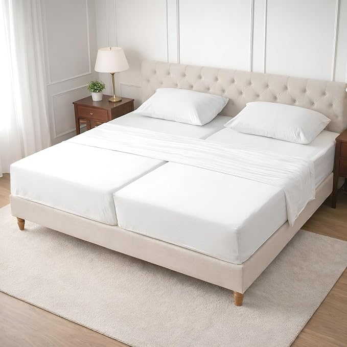 SGI Split King Sheet Set for Adjustable Bed Egyptian Premium Cotton 600 Thread Count Sheets for Sleep Number Bed 15" Deep Pocket 5 Pc Set with 2 Twin XL Fitted Sheets Soft Breathable - White