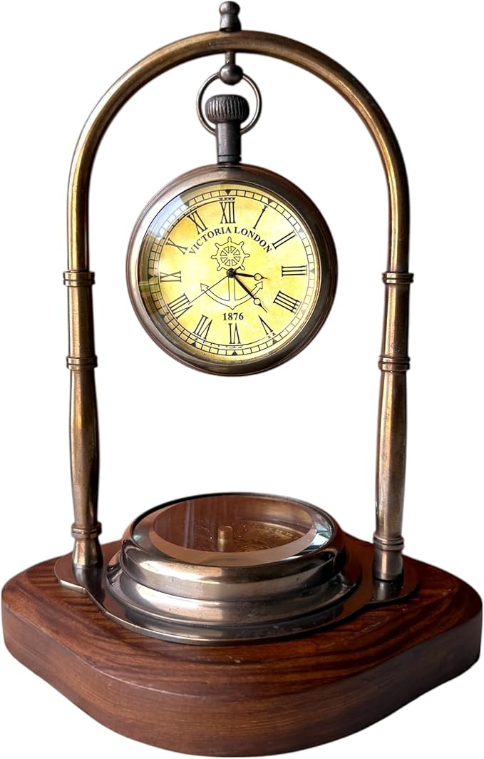 Personalized Victorian Brass Desk Clock with Integrated Working Compass - Vintage Tabletop Nautical Timepiece for Home/Office Decor, Engraved Bronze Luxury Office Decor