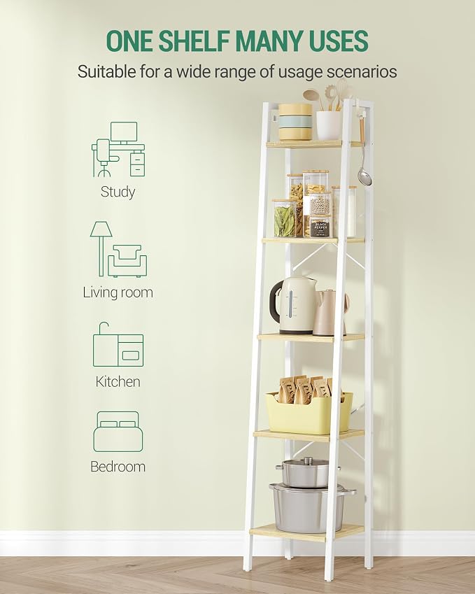 Hzuaneri Ladder Shelf, Bookshelf Bookcase, Freestanding Corner Storage Shelve with 2 Hooks for Home Office, Living Room, Kitchen, Bedroom, Industrial, 11.8" D x 13.4" W x 63" H, White Oak and White