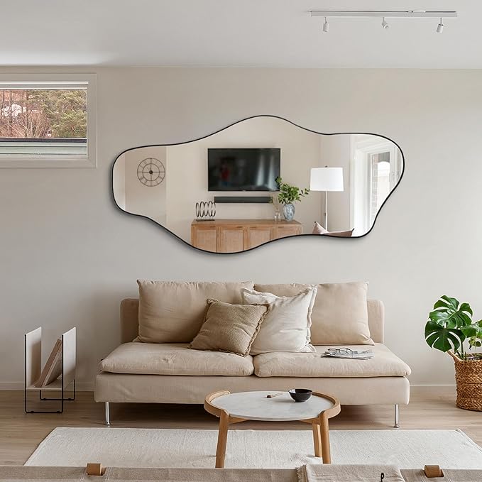 Large Irregular Mirror, 63"x30" Asymmetrical ﻿Tempered Glass Mirrors Full Length, Abstract Frameless Wall Mirrors for Living Room Bathroom Bedroom Entryway Hallway, Horizontal Or Vertical
