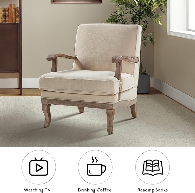 HULALA HOME Mid-Century Modern Accent Chair, Upholstered Lounge Arm Chair with Solid Wood Legs and Armrest, Removable Cushion Comfy Retro Reading Armchair for Living Room, Bedroom, Balcony, Linen