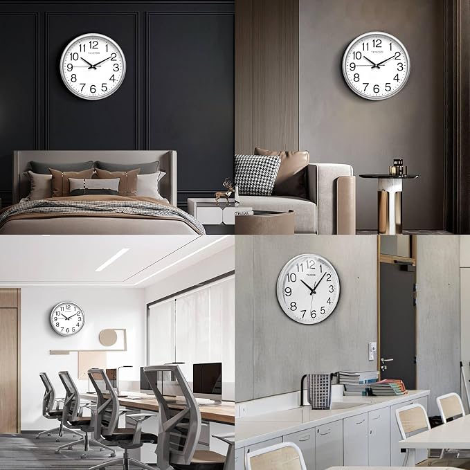 TIMESS Wall Clock, 13 Inch Large Dial Non-Ticking Silent Battery Operated Quality Analog, Ultra-Quiet Movement Quartz, Timeless Stylish Clock, Ideal Modern Home, Office Décor (Sliver)