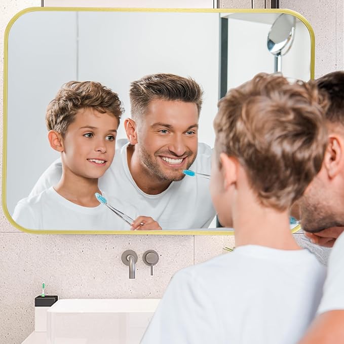 24x36 Inch Gold Mirror, Framed Rectangle Mirror with Rounded Corner, Brushed Brass Mirror, Gold Bathroom Mirror for Over Sink, Vanity, Living Room, Bedroom, Horizontal/Vertical