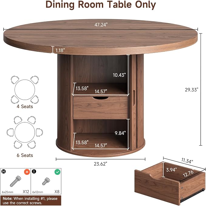 Round Dining Table for 4-6 Seats, 47" Circle Kitchen Table with Storage Drawer, Modern Mid-Century Pedestal Dinner Tables, Fluted Wood Base, Space Saving Dining Room Furniture for Family Party, Walnut