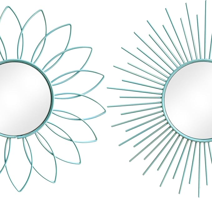 3 Pack Metal Mirrors for Wall Sunburst Wall Mirrors Home Décor Decorative Hanging Wall Art for Living Room Bedroom Entryway (Blue, Flower+Sunburst)