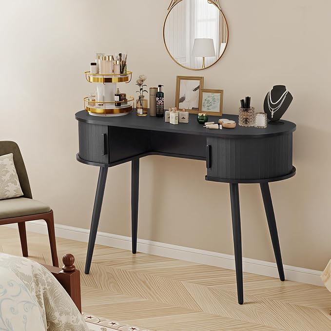 43" Mid-Century Writing Desk with Storage, Mid-Century Modern Home Office Wood Writing Desk for Bedroom, Small Table Compact Workstation for Living Room, Study (Black)