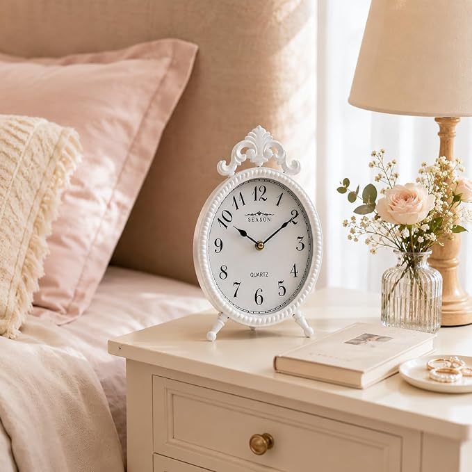 Battery Operated French Vintage Table Clock, 10.8" Small European Shabby Chic Mantel Clock with Ornate Scrollwork, Retro Desk Clock Quartz Silent Non-Ticking for Living Room, Bedside, Fireplace Decor