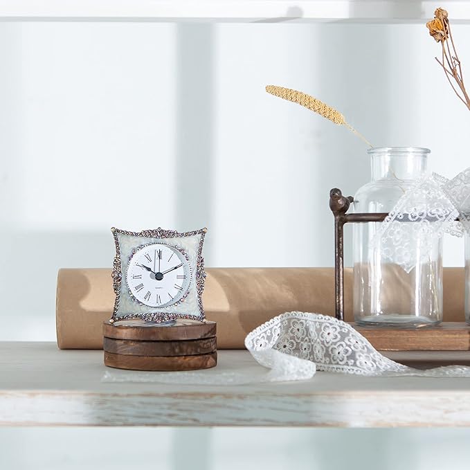 NIKKY HOME Crystal Elegant Small Quartz Analog Table Clock with Rosy Rhinestone Non-Alarm Desk Clock 3.5 by 1.5 by 3.5 Inches, White and Pink
