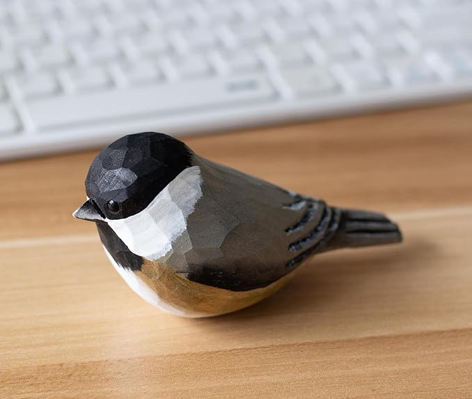 Handmade Black-Capped Chickadee Bird Figurine, Wooden Black-Capped Chickadee Carving, Unique Small Bird Statue for Home Décor or Collectible Gift