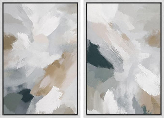 IDEA4WALL Framed Canvas Print Wall Art Set Neutral Brushstroke Abstract Modern Minimalist Illustrations Modern Art Decorative Bohemian Calm/Zen for Living Room, Bedroom, Office - 24"x36"x2 White