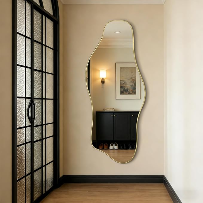 Large Irregular Mirror, 60"x24" Asymmetrical Tempered Glass Mirror Decorative, Gold Abstract Wall Mirrors for Dressing, Modern Frameless Mirrors for Living Room Bathroom Bedroom Hallway Entryway