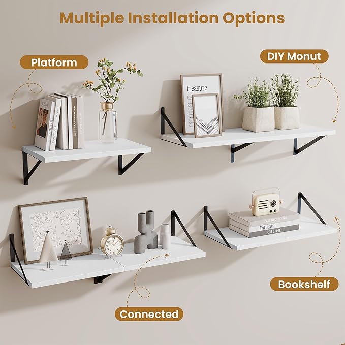 48inch Floating Shelves for Wall,10" Deep Floating Shelves with Metal Brackets,Wall Mounted Hanging Floating Shelf,Wide Display Shelves for Living Room,Bedroom,Office,Kitchen,White