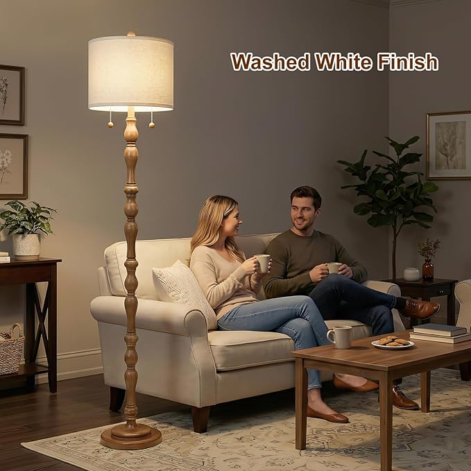 Scenekoy 65.5 Natural Real Wood Floor Lamp for Living Room Bedroom, Dual Pull Chains Switch, Wooden Base, Rustic Farmhouse Standing Floor Lamp with Linen Shade for Living Room Bedroom Office