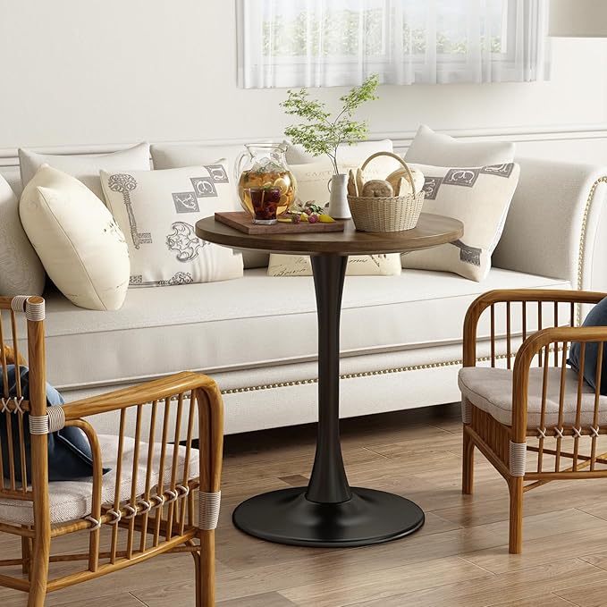 Round Dining Table 24" Circle Tulip Table with Wood Thickened Tabletop & Sturdy Metal Pedestal Mid Century Modern Farmhouse Kitchen Tables 2 People Small Places Living Room Cafe,Somber Walnut