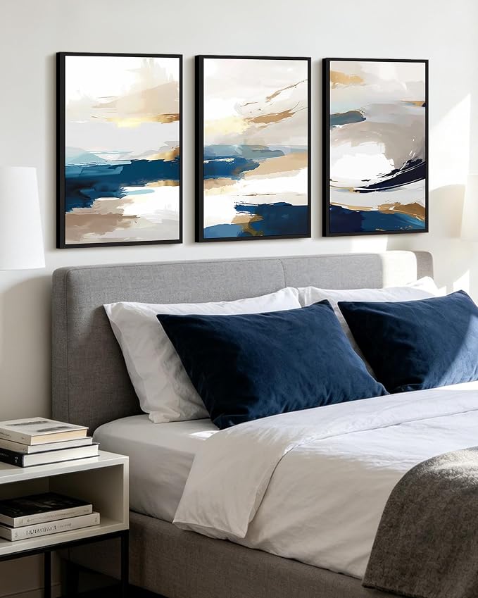 KUVIOKE Abstract Blue Framed Wall Art Graffiti Shape Pastel Wall Decor Modern Art Painting for Bedroom Hallway 16x24in (Black Framed)