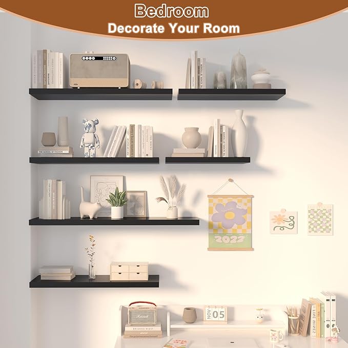 12 Inch Deep Floating Shelves, 36" W x 12" D Wood Floating Shelves for Wall, Large Storage Space Wall Mount Shelf with Invisible Brackets for Living Room Kitchen Bathroom, 1 Pack, Black