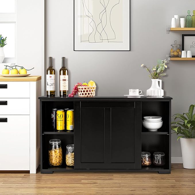 Sideboards Buffet Cabinet with Storage, Sliding Door Coffee Bar, Console Table with Adjustable Shelf, Credenzas for Living Room, Stackable Kitchen Cupboard for Dining Room (Black)