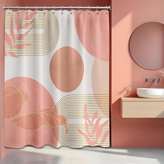 Coral Shower Curtain White and Peach Color Shower Curtains for Bathroom Decor Abstract MCM Girls Bath Curtain Set, Waterproof Fabric with Hooks 60 x 72 Inch