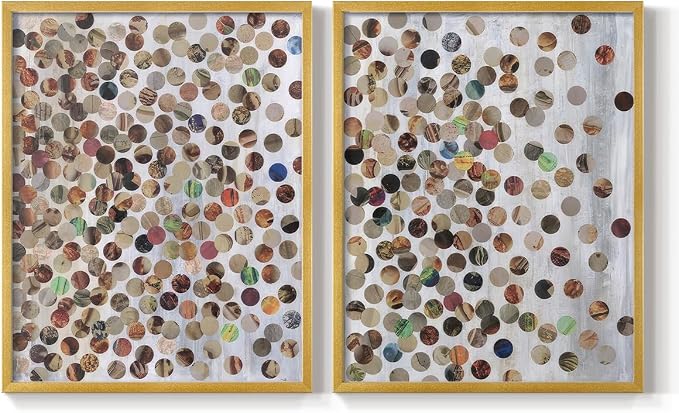Renditions Gallery Set of 2 Peel & Stick Framed Prints, Textured Abstract Wall Art, Scattered Circular Cutouts Wall Decor, Re-Stickable - Ready to Hang - 22"x28" - GOLD Frame LT588