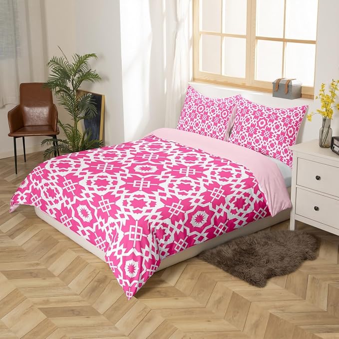 Erosebridal Pink Geometric Floral Duvet Cover Twin for Kids Boys Girls,Elegant Retro Floral Comforter Cover,Abstract Flower Art Bedding Set,Modern Aesthetic Bed Set with 1 Pillowcase Bedroom Decor