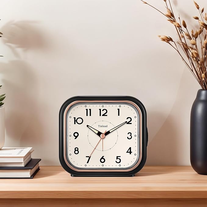 Tinload 4.3" Vintage Retro Analog Alarm Clock, Super Silent Non Ticking Clock with Manual Light, Snooze, Battery Operated, Simply Design, for Living Room, Bedroom, Bedside, Desk(Black)