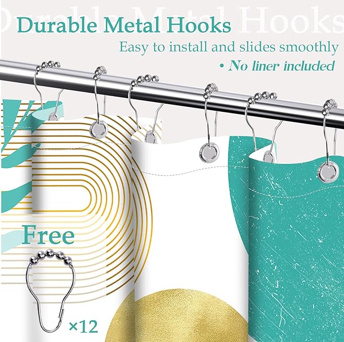Teal Blue and Gold Shower Curtain Turquoise Aqua and White Shower Curtains for Bathroom Decor Boho Mid Century Bath Curtain Set, Waterproof Fabric with Hooks 70 x 72 Inch