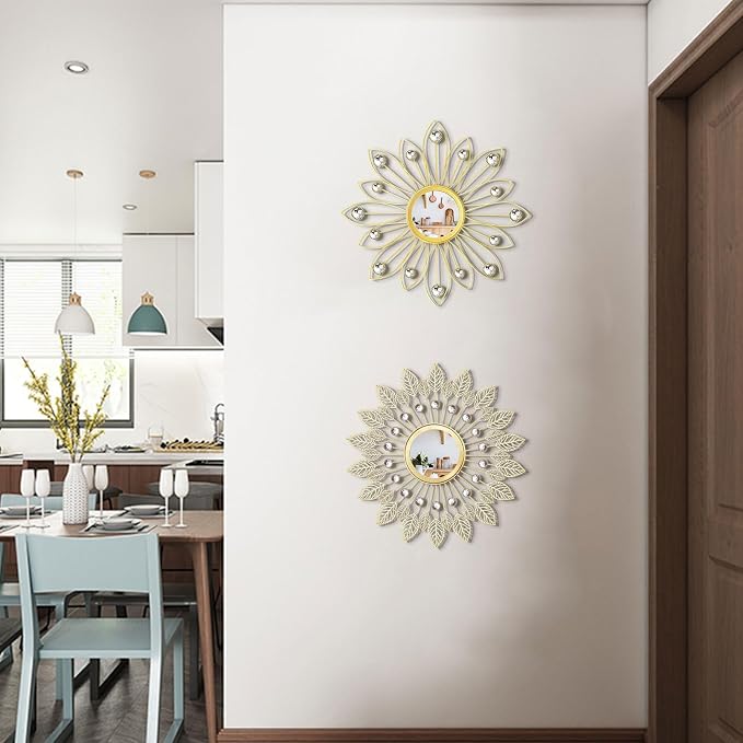 2 Pack Metal Mirrors for Wall Boho Sunburst Wall Mirror Home Decor Modern Decorative Wall Art for Bedroom Living Room Entryway