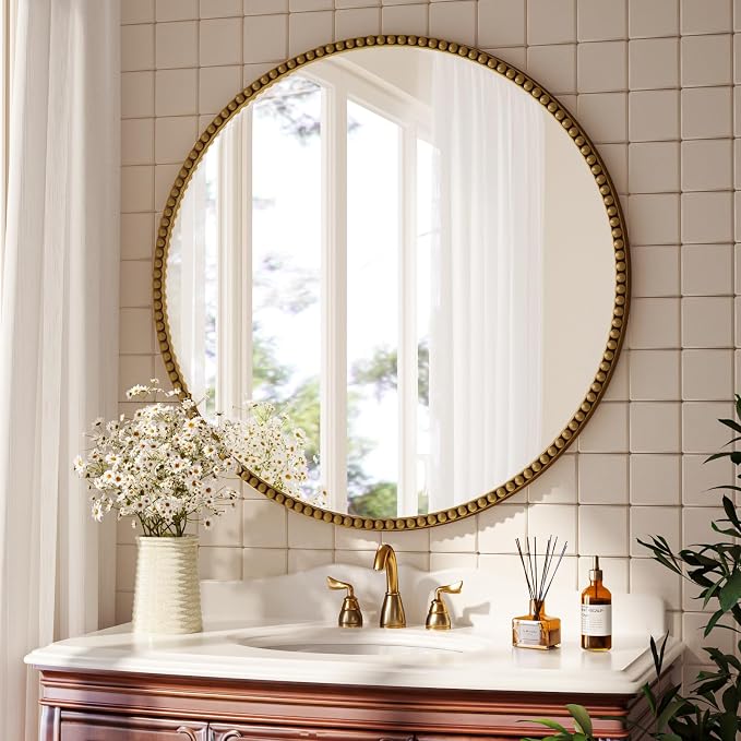 28 Inch Round Bathroom Mirror - Luxurious Retro Beaded Circle Decorative Wall Mirror with PU Frame Hanging Leaning as Art Decor for Entryway, Bedroom, Living Room, Hallway, Gold