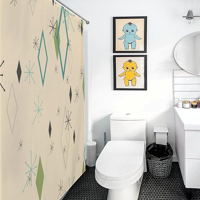 50s Retro Shower Curtain Atomic Mid Century Modern Space Pattern Duty Fabric Shower Curtains Set Bathroom Polyester Waterproof with 12 Hooks, 66x72Inch（168x183cm）