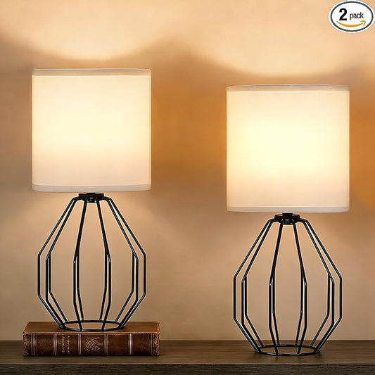 Small Table Lamp Set of 2 Black, Bedside Lamps with Metal Cage & Linen Lampshade, Cute Desk Lamps for Nightstand, Bedroom, Kids Room, Office