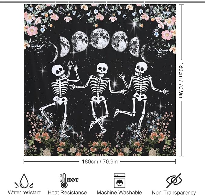 Skull Skeleton Flower Moon Shower Curtain Gothic Moon Phase Scary Horror Black Spooky Flower Holiday Waterproof Shower Curtains for Bathroom Decor 12 Pack Hooks 72x72in (183x183cm)