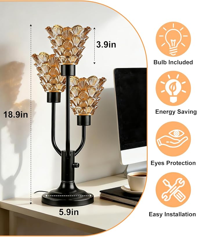 Lightdot Vintage Mid Century Modern Table Lamp for Living Room Dimmable Nightstand Lamp Black Desk Lamp Amber Glass 3 Bulbs Included Warmwhite Ambient Bedside Lamps for Bedroom Home Office Decor Gift