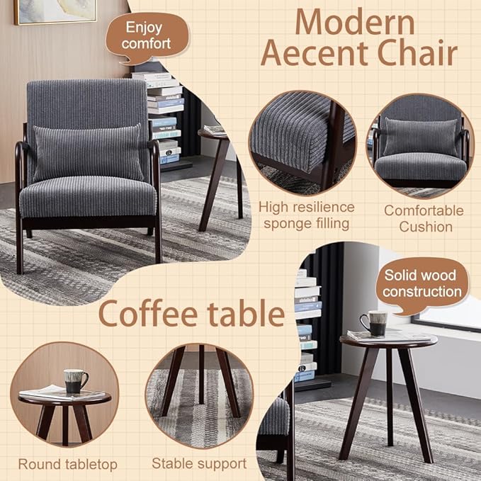 Accent Chairs with Side Table, Mid Century Modern Chair with Pillow, Arm Chair with Solid Wood, Reading Relaxing Leisure Chair for Living Room, Bed Room, Waiting Room, Grey