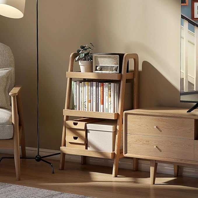 100% Solid Oak 3 Tier Ladder Shelf for Saving Space, Small Bookshelf with Stable Frame, Free Standing Ladder Shelves for Living Room Bedroom Couch, (Natural, 17.72" W x 12.6" L x 31.5" H)