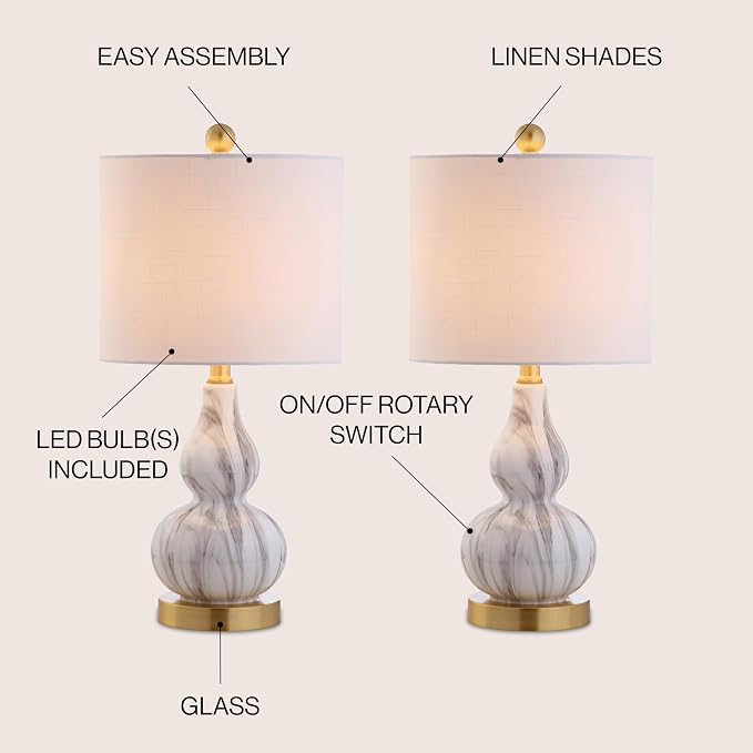 JONATHAN Y 20.5" Black/White Glass Table Lamp, Modern Gourd Bedside Nightstand Lamp for Bedroom, Living Room, White Linen Shade, LED Bulb Included (JYL1028D-SET2)