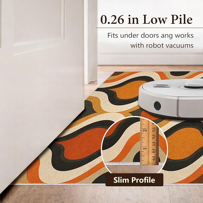 Retro Wave Area Rug 8x10, Mid-Century Modern Geometric Rug, Orange Brown Abstract Carpet for Living Room Bedroom, Soft Non-Slip Washable Rug
