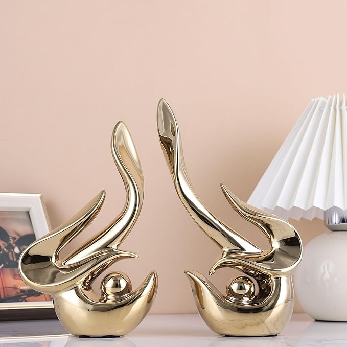 XMGZQ Mid Century Modern Abstract Art Home Decor Accent,Porcelain Statues for Living Room Coffee Table Centerpieces for Dining Room,Ceramic Sculptures and Gold Knick Knacks for TV Stand Decor (Gold)