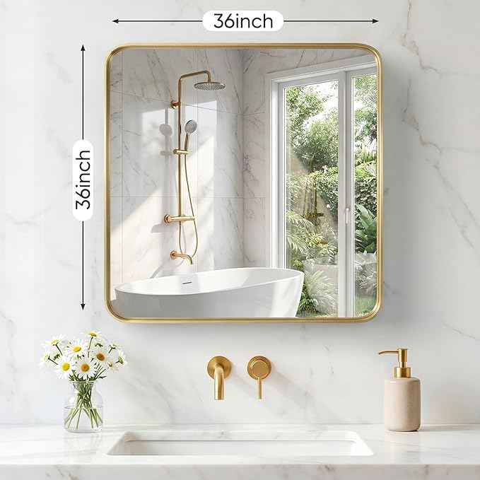 NEWBULIG 36X36 Inch Bathroom Mirror for Over Sink, Wall Vanity Mirrors Tempered Glass, Anti-Rust Metal Framed Rounded Rectangle, Hangs Horizontally or Vertically, Farmhouse Home Decor, Gold