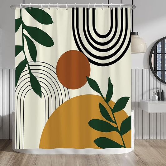 Baocicco Boho Mid Century Shower Curtain Sun Leaves Modern Abstract Geometric Aesthetic Shower Curtains for Bathroom Bathtubs Waterproof Fabric Shower Curtain with Hooks 60x72 Inches