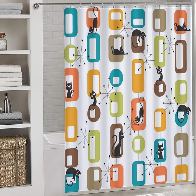 Cats Shower Curtains Mid Century Retro Atomic Black Cat Geometric Abstract Cubes Pattern Duty Fabric Shower Curtain Set Bathroom Polyester Waterproof with 12 Hooks, 66x72Inch（168x183cm）