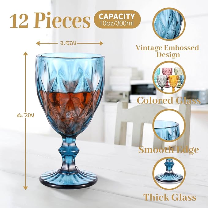 Set of 12 Vintage Glass Goblets Bulk 10 oz Multi Colored Stemware Wine Glasses Crystal Stemmed Drinking Glasses Cups Diamond Pattern Glassware Set for Party Wedding Bar Water Juice Beverage 6 Colors