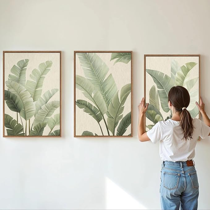 Rantodecor Sage Green Framed Canvas Wall Art, Minimalist Tropical Leaf Wall Decor, Boho Beige Nature Leaf Art Paintings, Bohemian Triple Panel Plant Artwork for Bedroom Living Room Office 16"x24"x3
