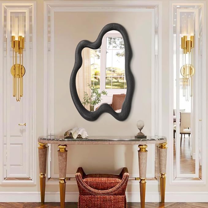 AAZZKANG Irregular Wall Mirror 28"x20" Black Asymmetrical Modern Wood Frame Mirrors Large for Bathroom Bedroom Living Room Entryway