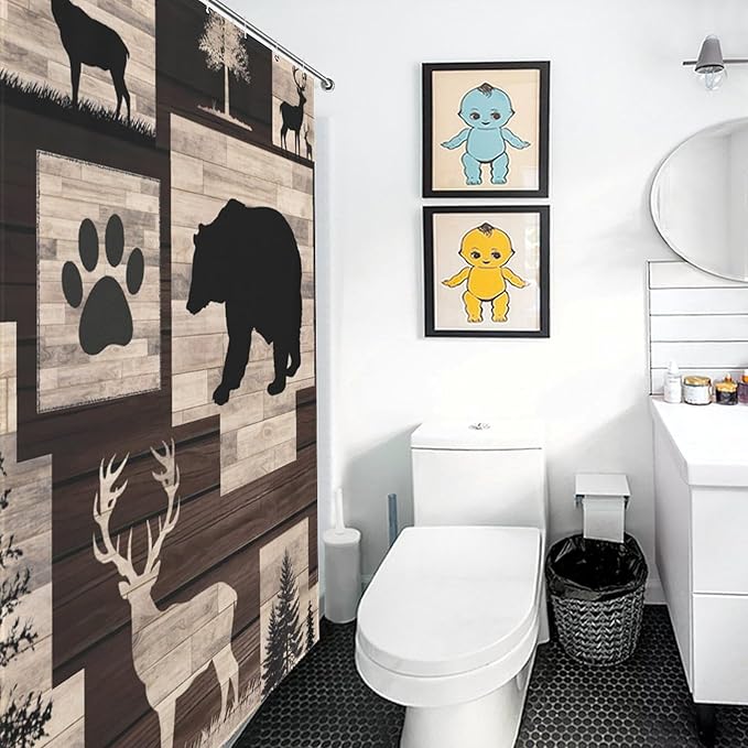 Rustic Cabin Bear Animals Shower Curtain Deer Forest Wildlife Wooden Country Lodge Hunting Camping Animal Waterproof Shower Curtains for Bathroom Decor 12 Pack Hooks 66x72in（168x183cm）