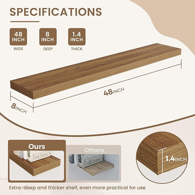 Dreamland 48 Inches Floating Shelves for Wall, 8" Deep Long Floating Shelves Set of 1, Large Display & Storage Shelf, Wall Shelf for Bathroom Bedroom Living Room Kitchen Office, Walnut