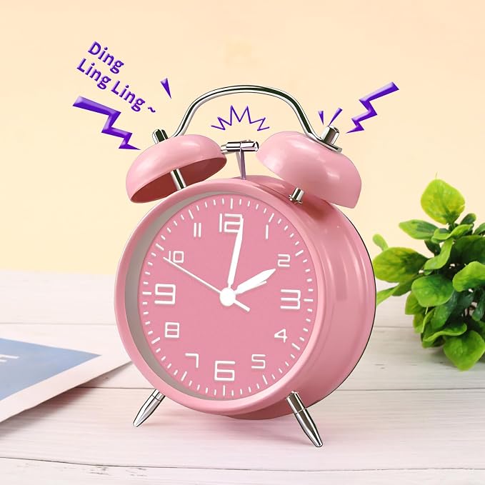 pxy Loud Alarm Clock for Heavy Sleepers 3D Dial Battery Operated (Battery Include), 4" Super Silent Analog Alarm Clock for Kids with Night Light PT260 Silver OrangePT505 Pink